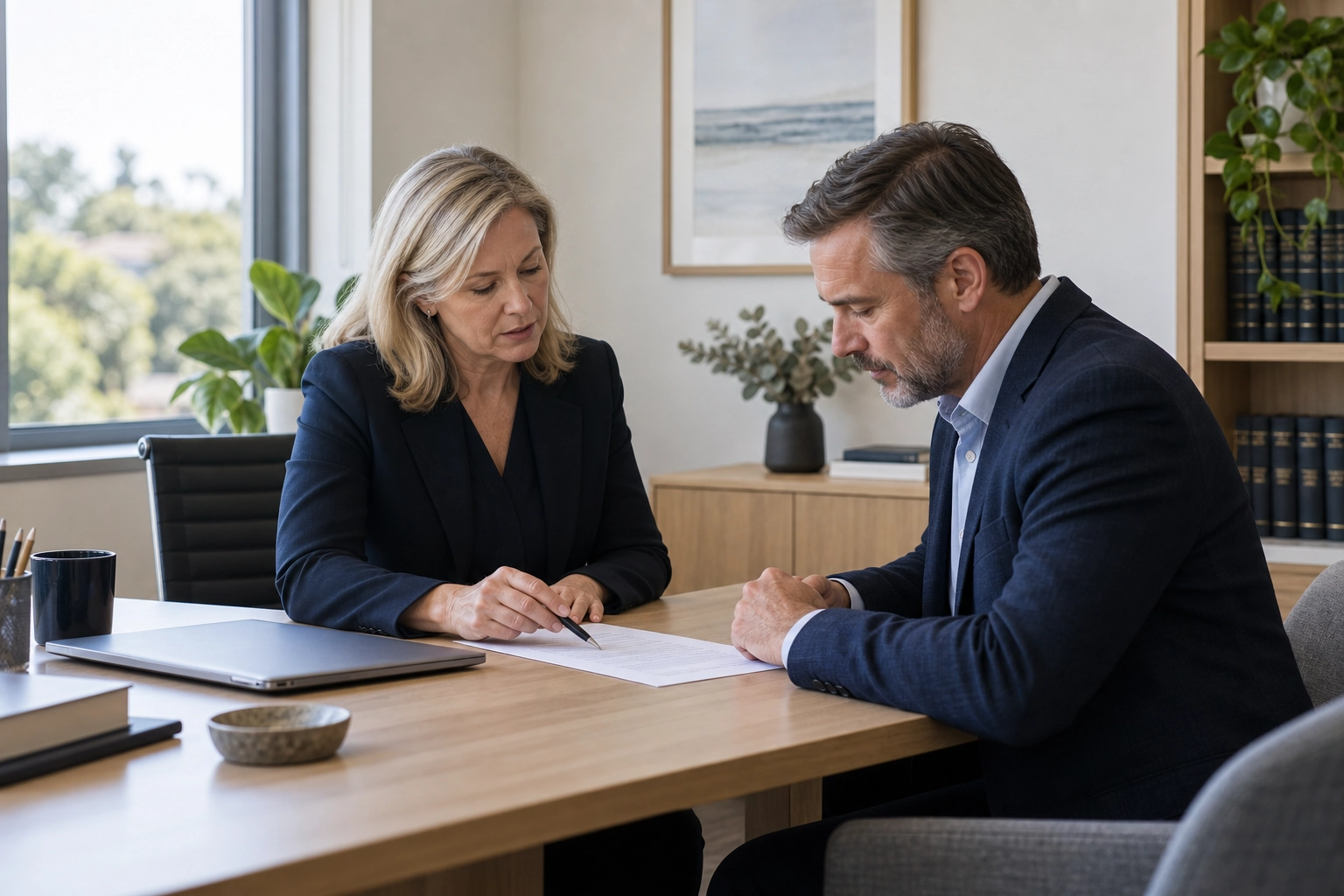 Illustrative scene of a solicitor reviewing documents with a client
